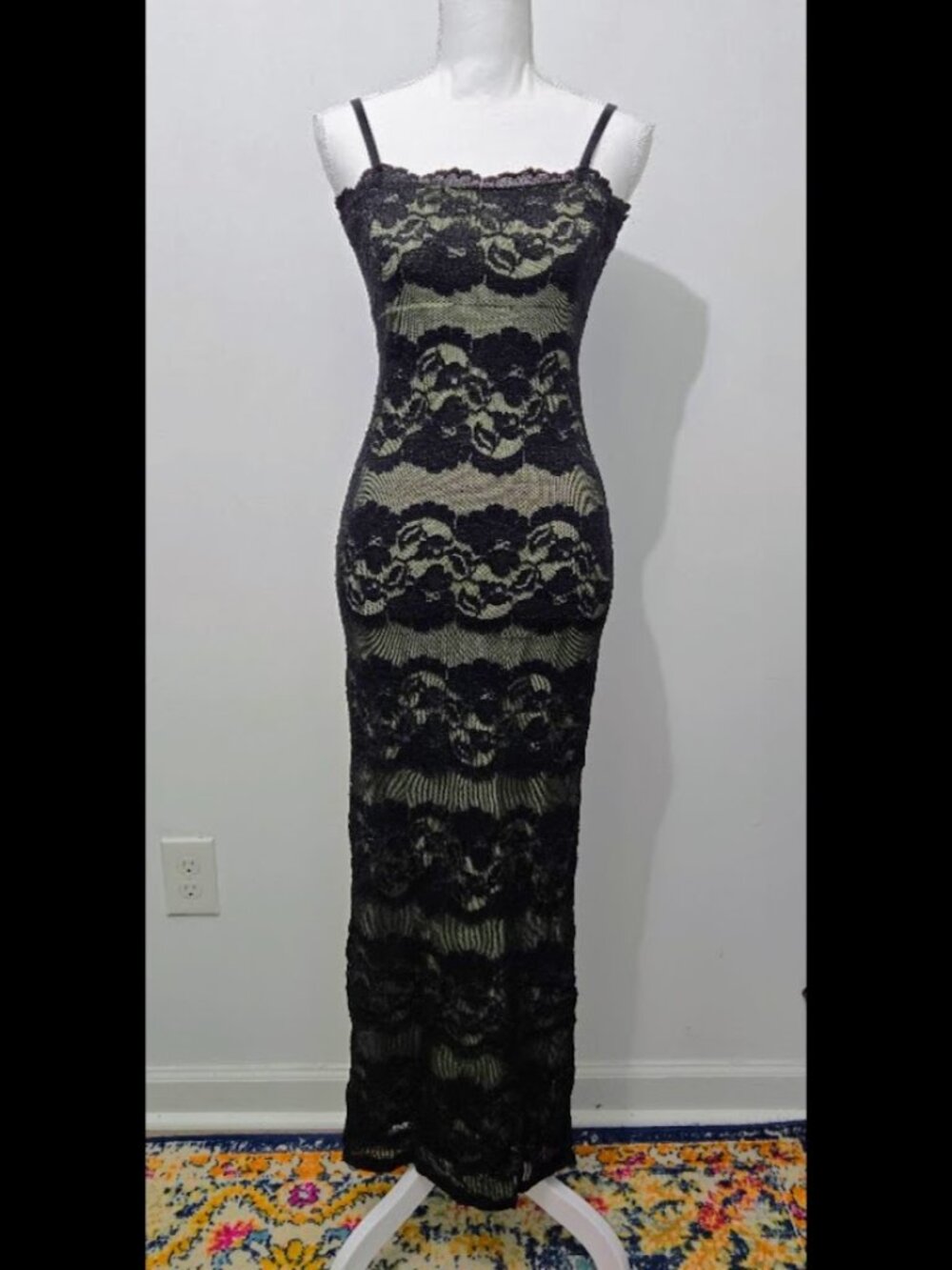 Vintage 90s Black Lace Overlay Maxi Dress Sz S Green Lining Dark Romantic Vamp